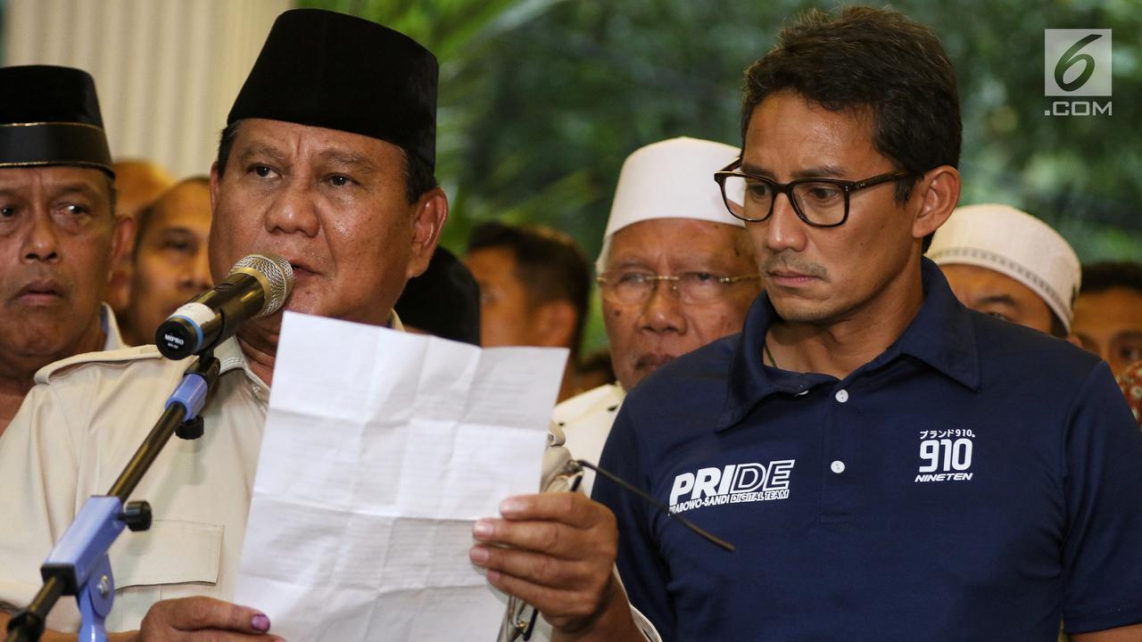 BPN Tak Kompak, Prabowo Sebut Pemilu Curang, Sandiaga Sebut Pemilu Jujur